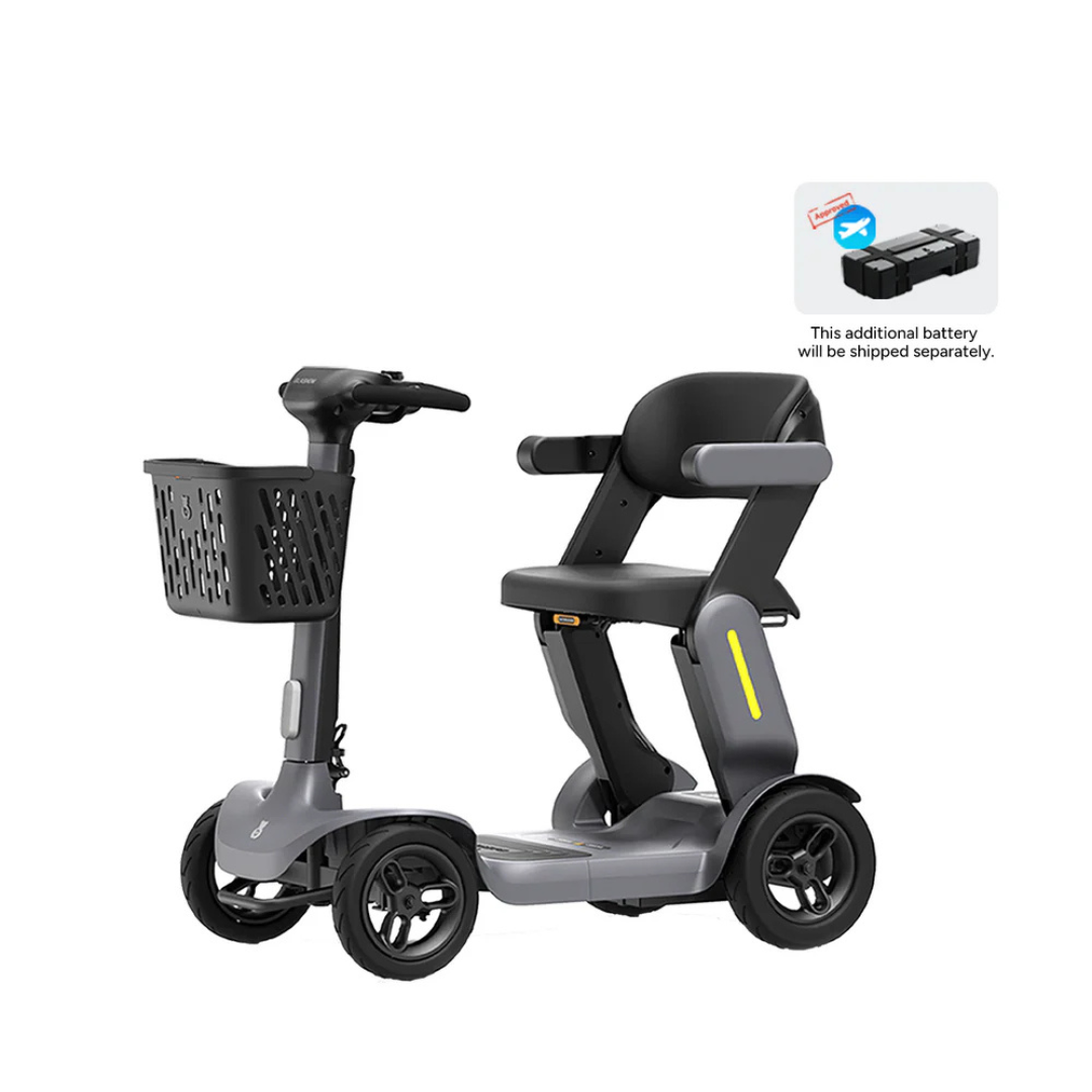 The Paiseec S3 Portable Mobility Scooter with Smart PAI Safety System has four wheels, a front basket, cushioned seat, and armrests. An inset shows the additional battery that ships separately.